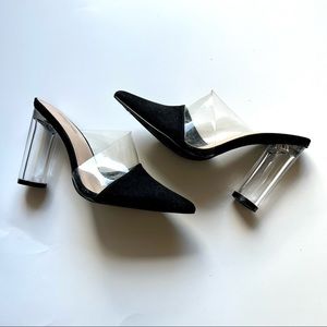 JUSTFAB Sexy Clear and Black Heeled Mules!